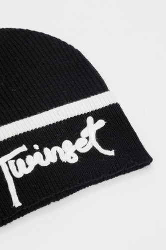 Twinset Knit Cuffed Logo Hat - Black/Snow