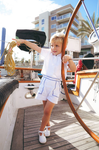 Calla Lili Boys Linen Shirt With House And Bermuda Shorts Set - White/Blue