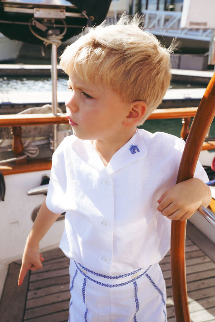 Calla Lili Boys Linen Shirt With House - White/Blue