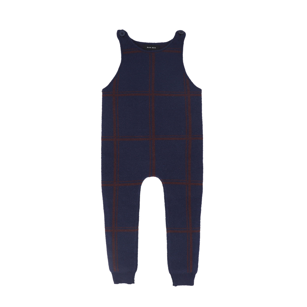 Bamboo Plaid Knit Overalls - Navy
