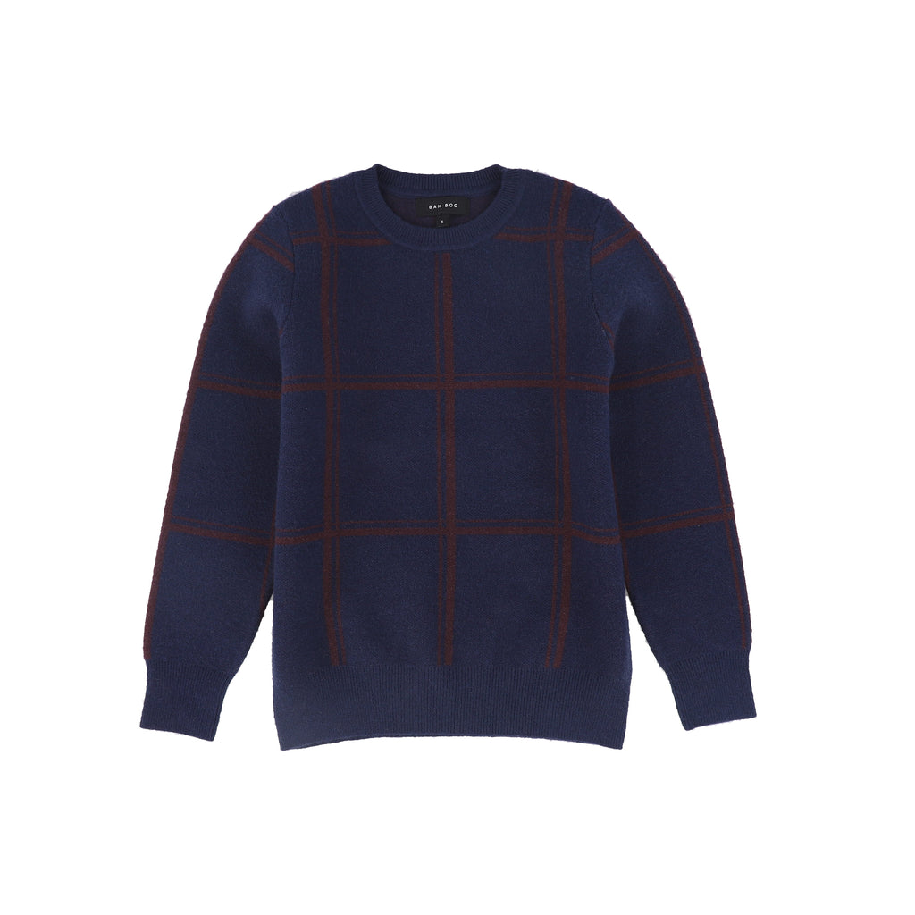 Bamboo Plaid Knit Sweater - Navy