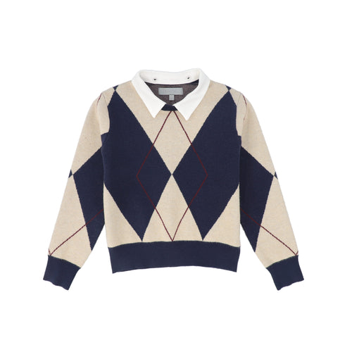 Bace Collared Argyle Sweater - Navy