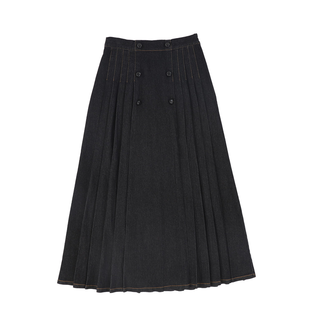 Bace Denim Pleat Button Maxi Skirt - Black Denim
