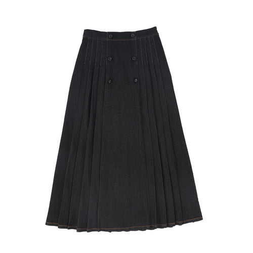 Bace Denim Pleat Button Maxi Skirt - Black Denim
