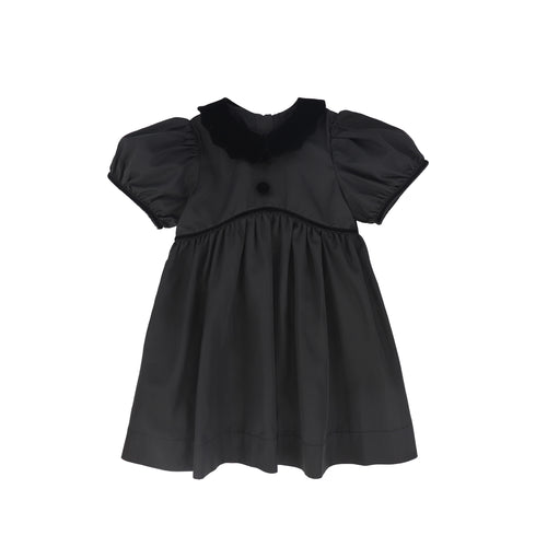 Bamboo Taffeta Velvet Collar Puff Sleeve Dress - Black