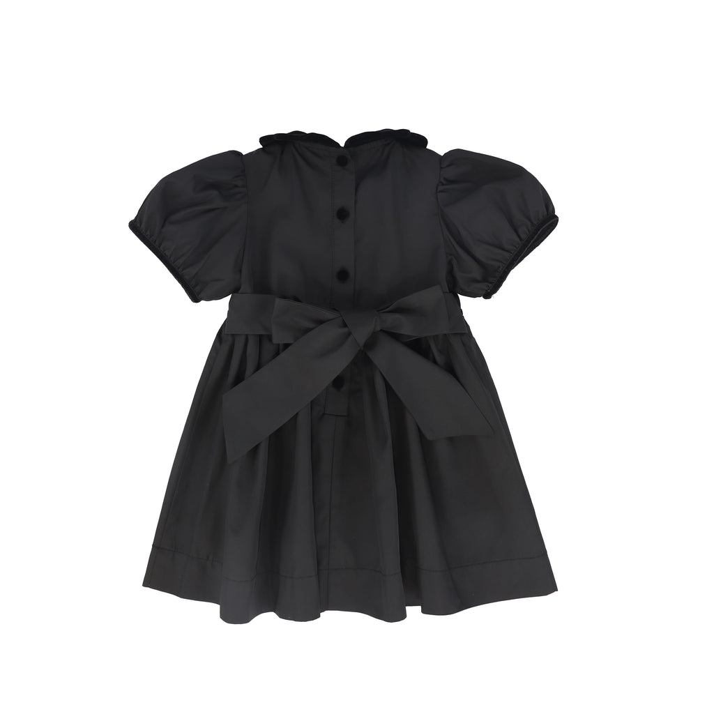 Bamboo Taffeta Velvet Collar Puff Sleeve Dress - Black