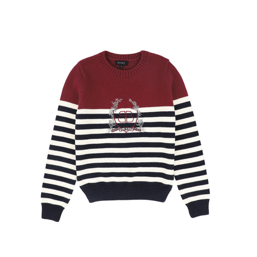 Bamboo Ribbed Knit Stripe Crest Sweater - Navy/White