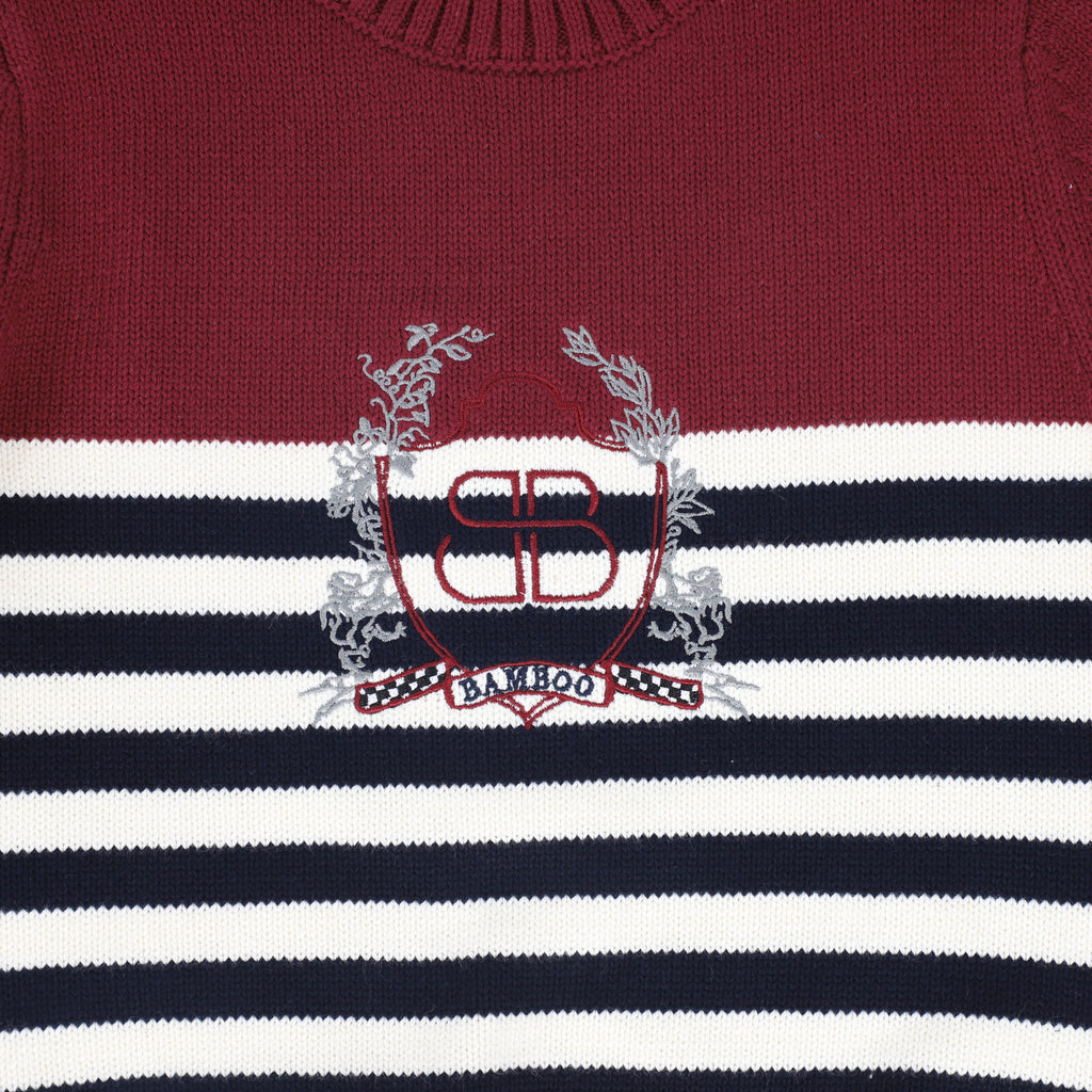 Bamboo Ribbed Knit Stripe Crest Sweater - Navy/White