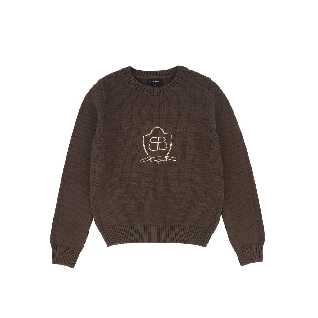 Bamboo Ribbed Knit Stripe Crest Sweater - Brown
