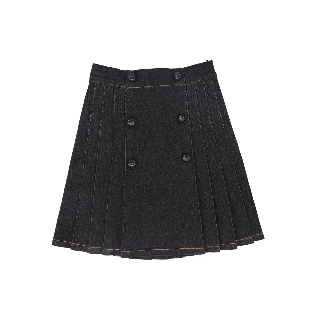 Bace Denim Pleated Button Skirt - Black Denim