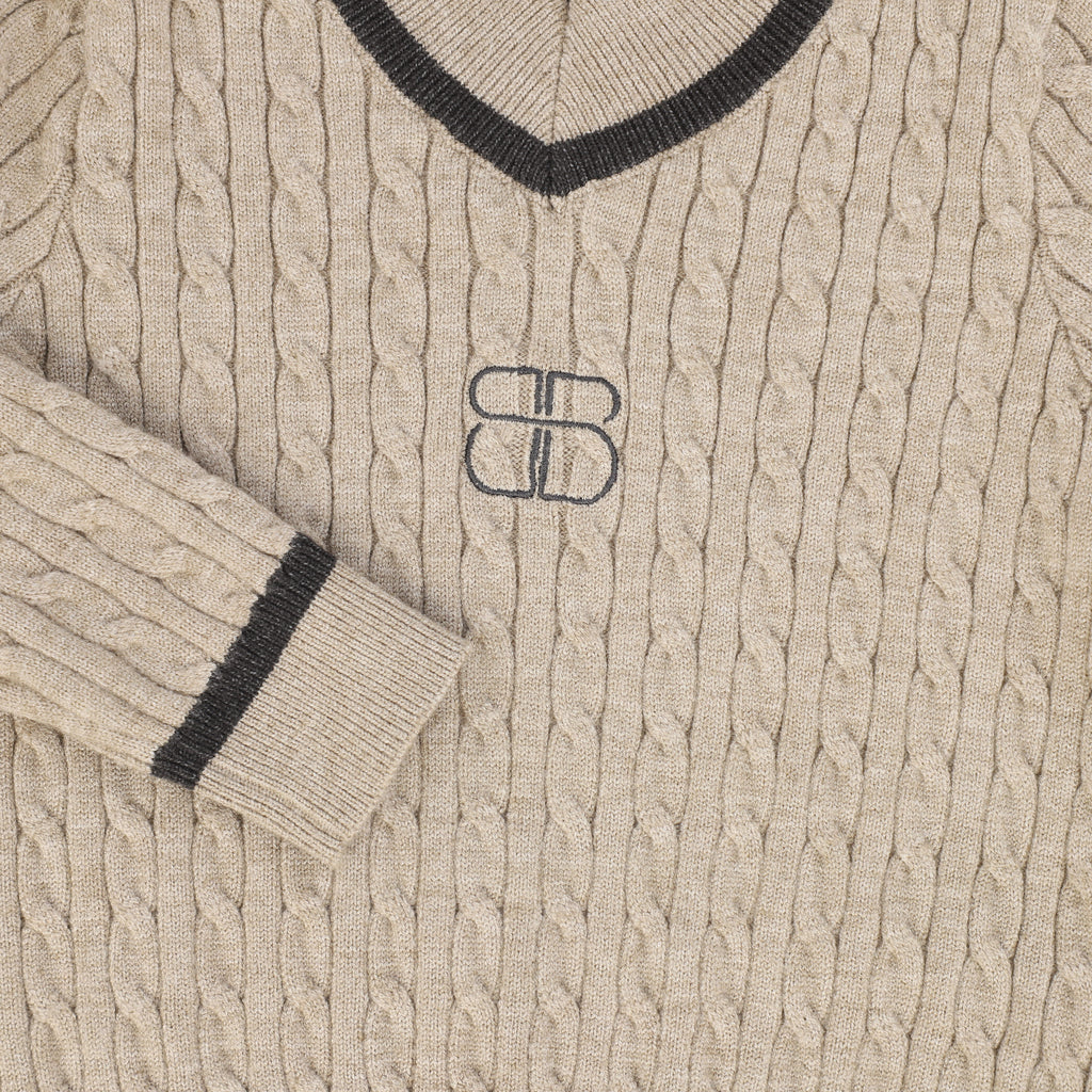 Bamboo Cable Knit Stripe Trim Sweater - Beige