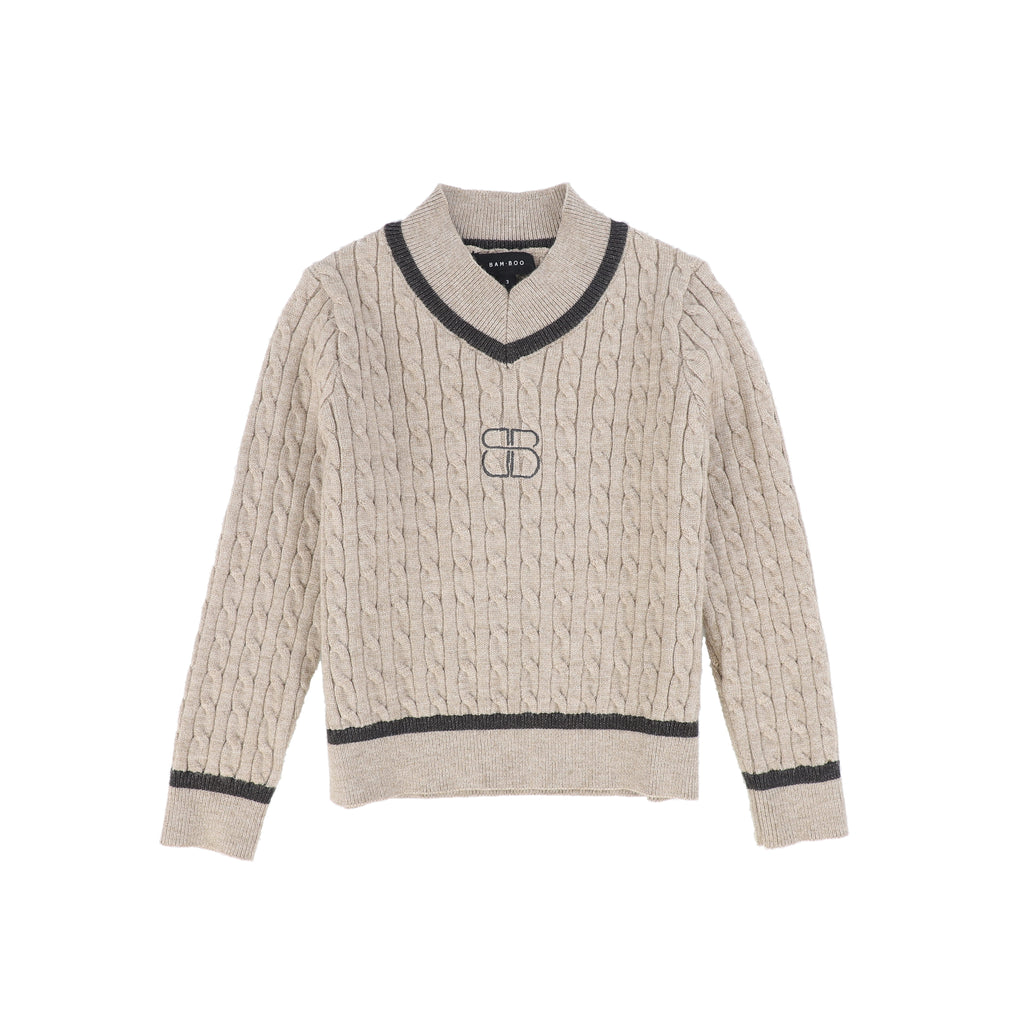 Bamboo Cable Knit Stripe Trim Sweater - Beige