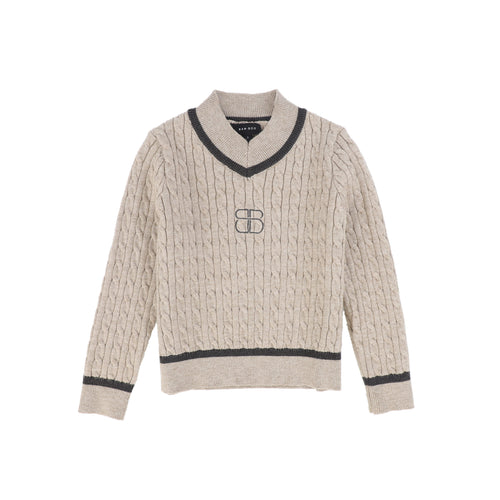 Bamboo Cable Knit Stripe Trim Sweater - Beige