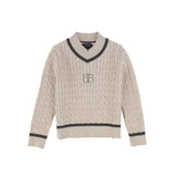 Bamboo Cable Knit Stripe Trim Sweater - Beige