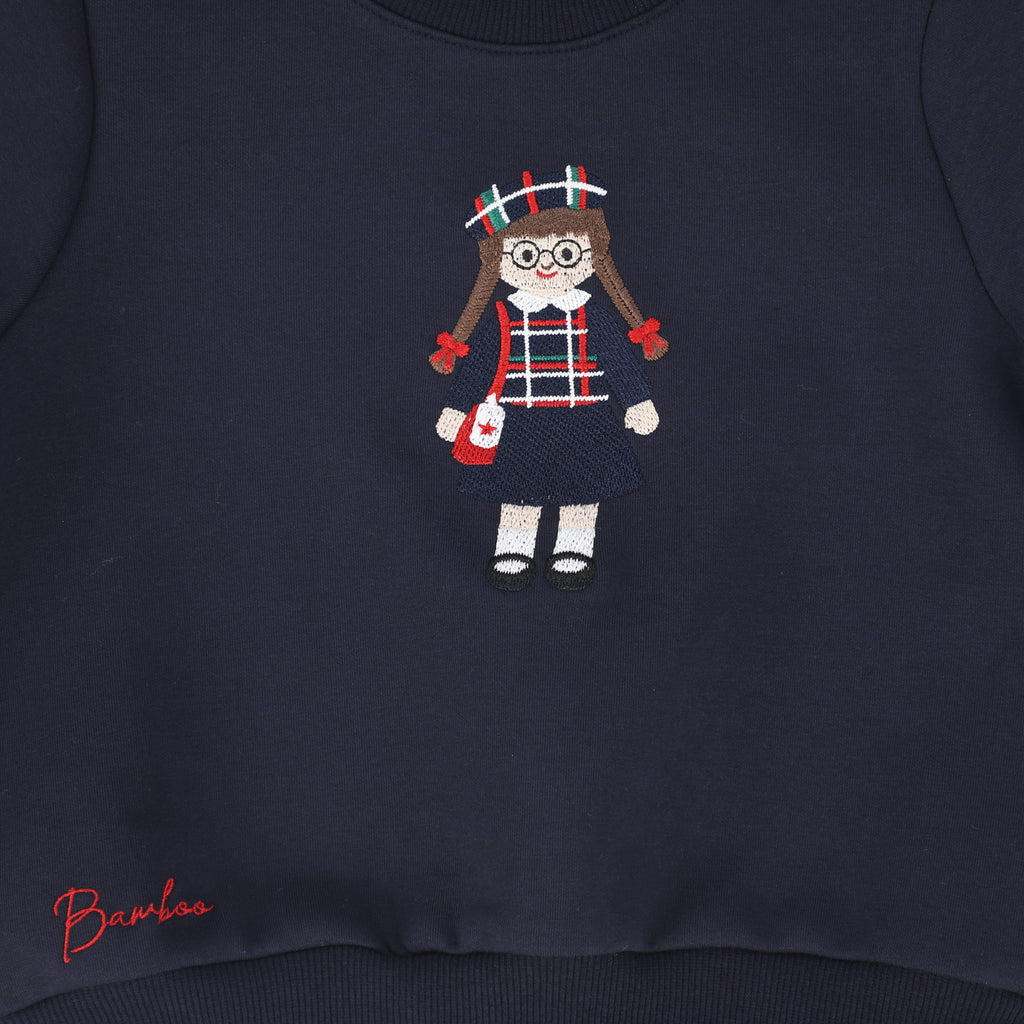 Bamboo Doll Embroidered Sweatshirt Set - Navy