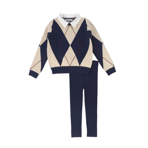 Bace Collared Argyle Sweater Set - Navy