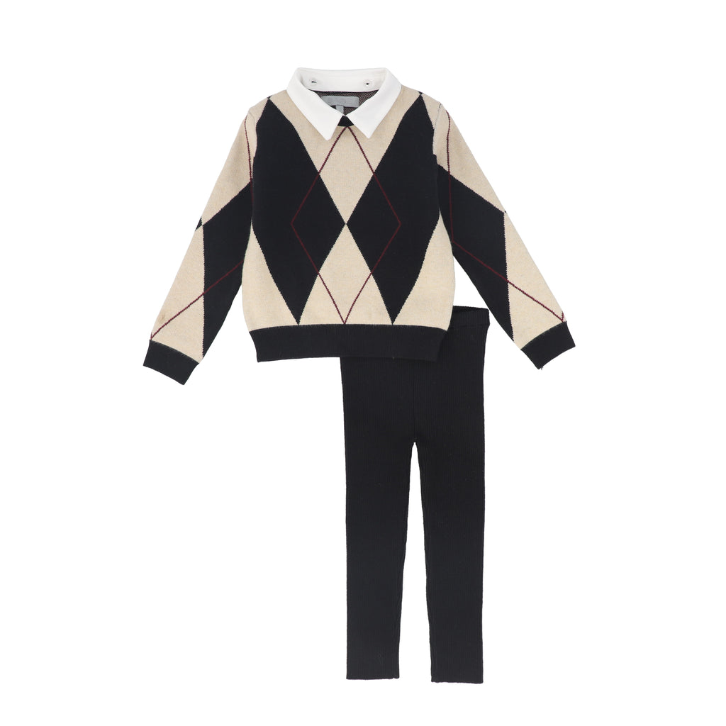 Bace Collared Argyle Sweater Set - Black