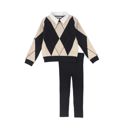 Bace Collared Argyle Sweater Set - Black