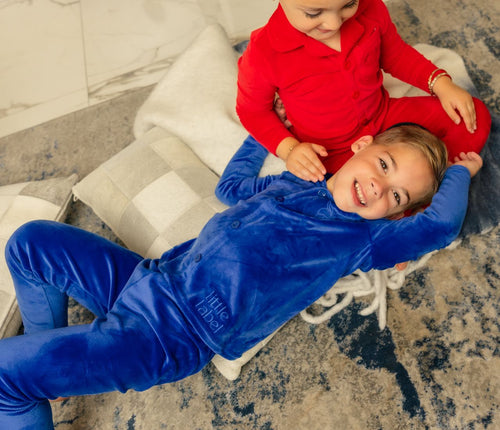 Little Label Velour Pocket Embroidered Grandpa Pajama - Boys - Blue