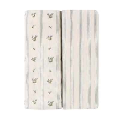 Ely's & Co Cotton Pack N Play / Portable Crib Sheet -  Blue Linear Berry Leaf