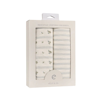 Ely's & Co Cotton Pack N Play / Portable Crib Sheet -  Blue Linear Berry Leaf