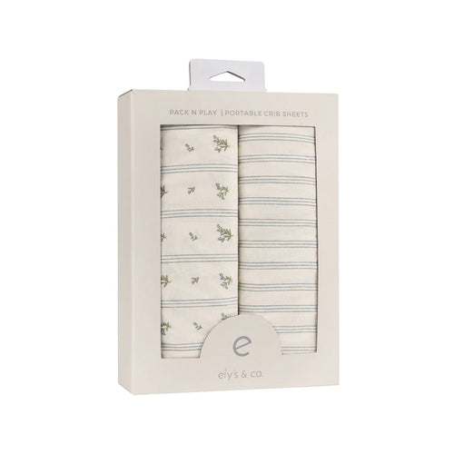 Ely's & Co Cotton Pack N Play / Portable Crib Sheet -  Blue Linear Berry Leaf