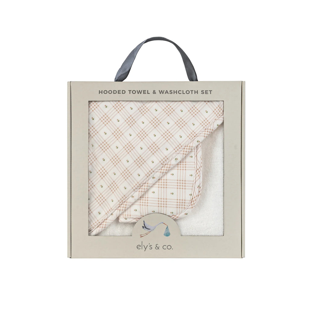 Ely's & Co Hooded Towel with Pocket Wash Cloth - Floral Plaid Collection - Pink