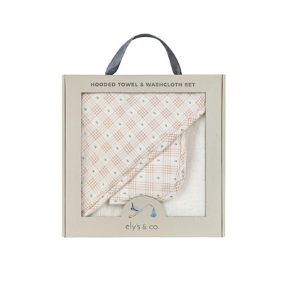 Ely's & Co Hooded Towel with Pocket Wash Cloth - Floral Plaid Collection - Pink