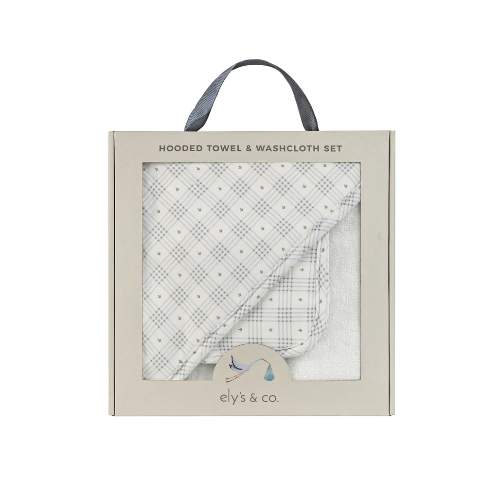 Ely's & Co Hooded Towel with Pocket Wash Cloth - Floral Plaid Collection - Blue