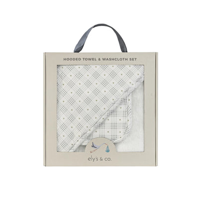 Ely's & Co Hooded Towel with Pocket Wash Cloth - Floral Plaid Collection - Blue