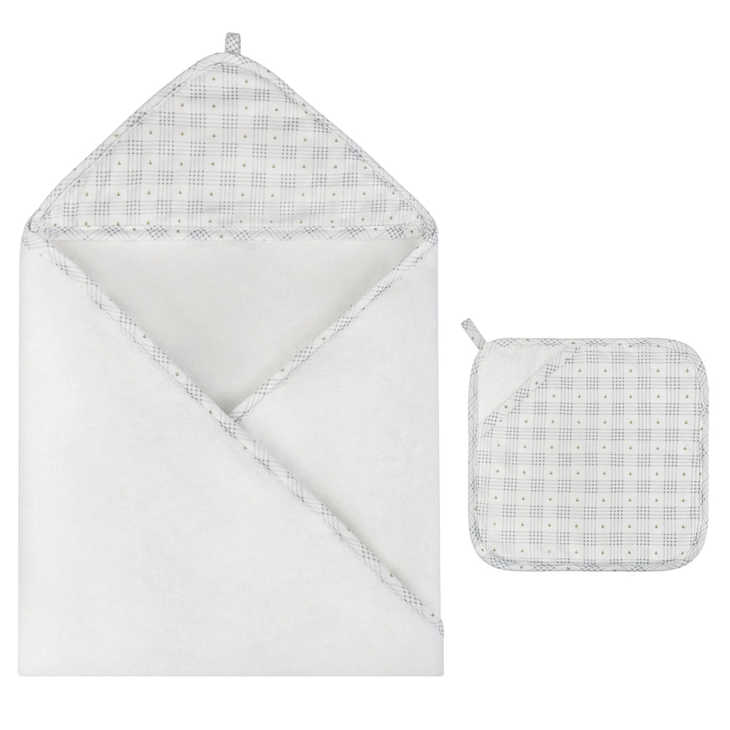 Ely's & Co Hooded Towel with Pocket Wash Cloth - Floral Plaid Collection - Blue