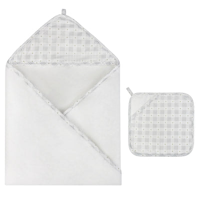 Ely's & Co Hooded Towel with Pocket Wash Cloth - Floral Plaid Collection - Blue