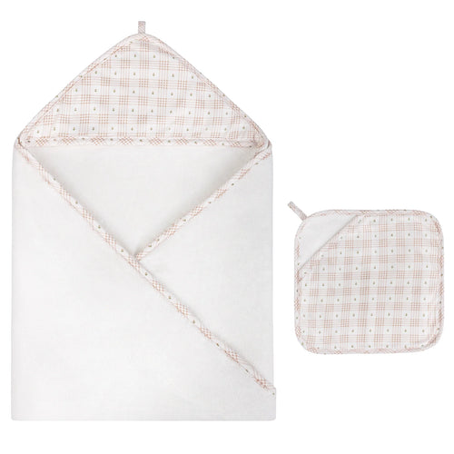 Ely's & Co Hooded Towel with Pocket Wash Cloth - Floral Plaid Collection - Pink