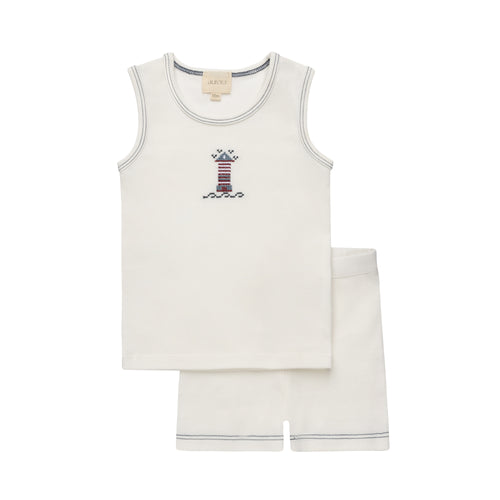 Aurora Cotton Cross Stitch Lighthouse Collection T-shirt And Shorts - Ivory/Blue