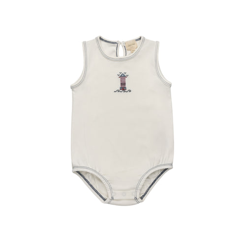 Aurora Cotton Cross Stitch Lighthouse Collection Romper - Ivory/Blue