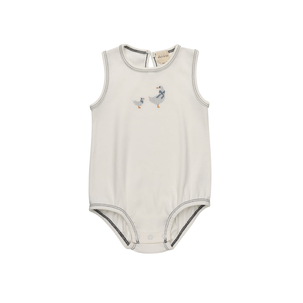 Ely's & Co Cotton Cross Stitch Duckling Collection Romper - Ivory/Blue