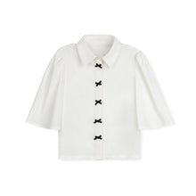 Load image into Gallery viewer, Velvette Label Navy Bow Button Blouse