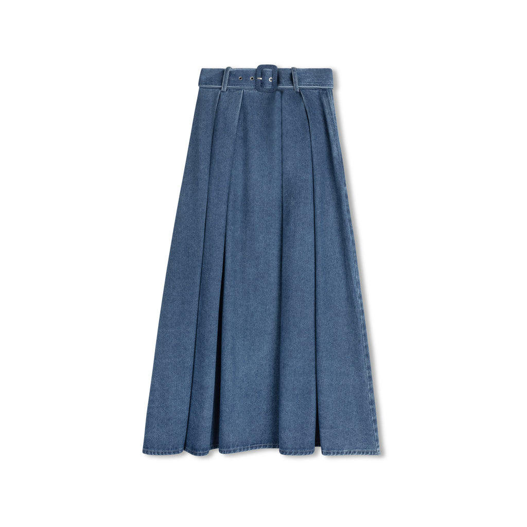 Velvette Label Denim Belted Maxi Skirt