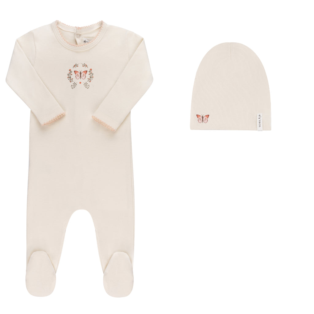 Ely's & Co Garden Floral Center Collection Footie & Beanie - Ivory Girl