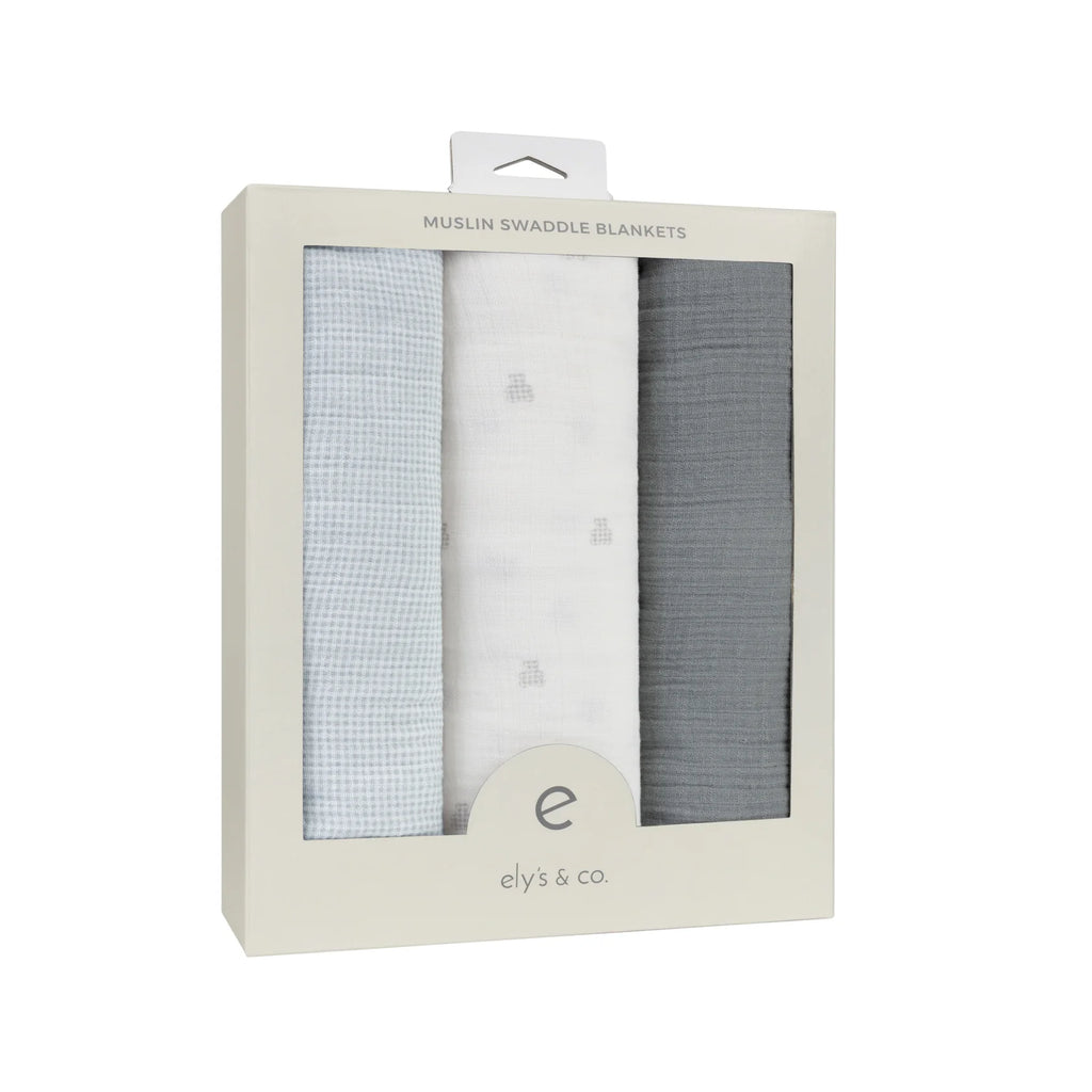 Ely's & Co 3 Pack Muslin Swaddles - Gingham Bear Collection - Blue