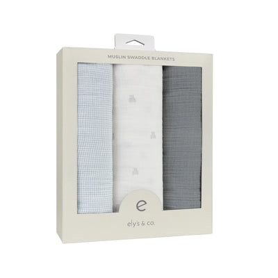 Ely's & Co 3 Pack Muslin Swaddles - Gingham Bear Collection - Blue