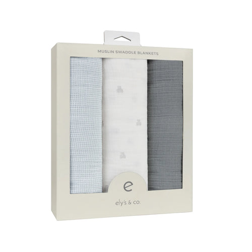 Ely's & Co 3 Pack Muslin Swaddles - Gingham Bear Collection - Blue