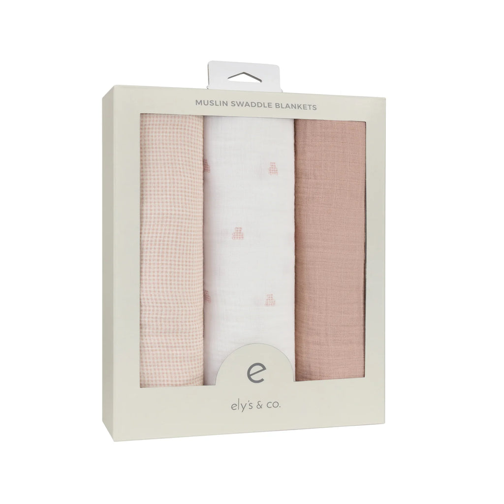 Ely's & Co 3 Pack Muslin Swaddles - Gingham Bear Collection - Pink
