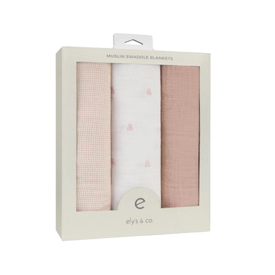 Ely's & Co 3 Pack Muslin Swaddles - Gingham Bear Collection - Pink