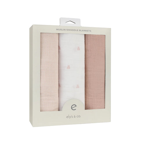 Ely's & Co 3 Pack Muslin Swaddles - Gingham Bear Collection - Pink
