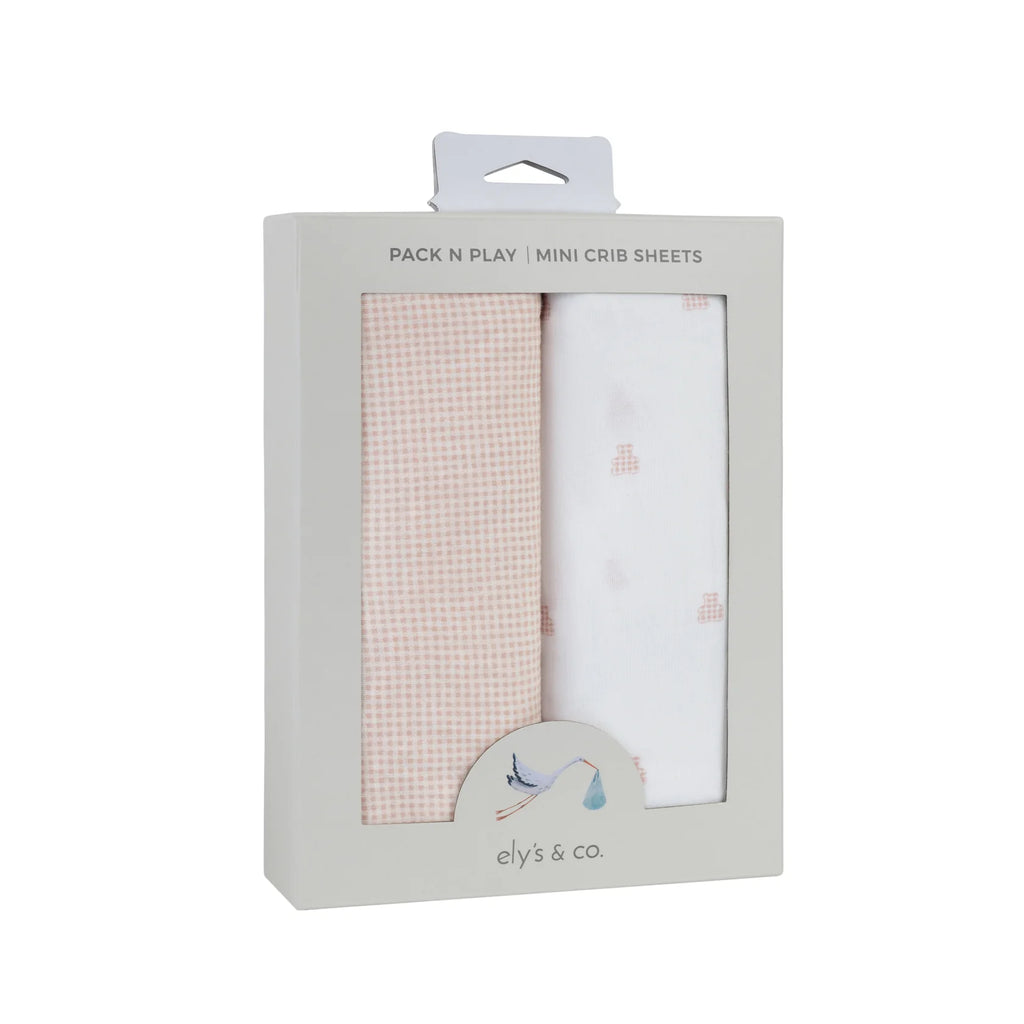Ely's & Co 2 Pack Jersey Pack N Play / Portable Crib Sheet - Gingham Bear Collection - Pink