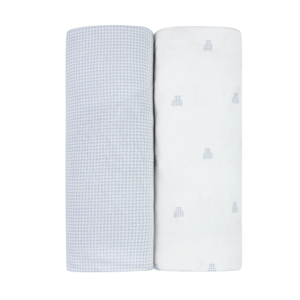 Ely's & Co 2 Pack Jersey Crib Sheets - Gingham Bear Collection - Blue