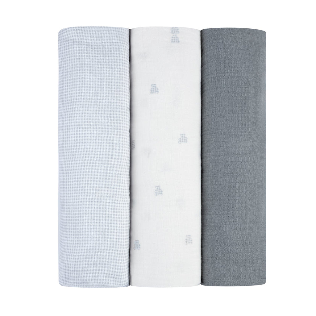 Ely's & Co 3 Pack Muslin Swaddles - Gingham Bear Collection - Blue
