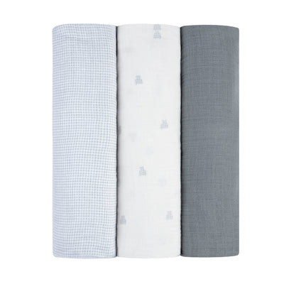 Ely's & Co 3 Pack Muslin Swaddles - Gingham Bear Collection - Blue