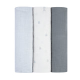 Ely's & Co 3 Pack Muslin Swaddles - Gingham Bear Collection - Blue